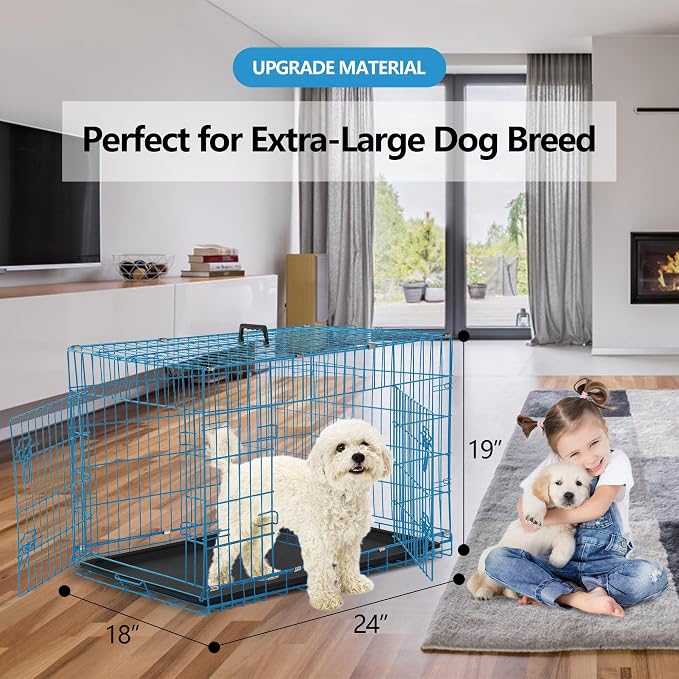 24 Inch Small Dog Crate, Heavy Duty Dog Crates for Small Dogs, Metal Wire Folding Dog Cage with Removable Trays, Locks, Double-Door, Divider Panel, Handle, Puppy Crate Pet Crate (24 in, Blue)