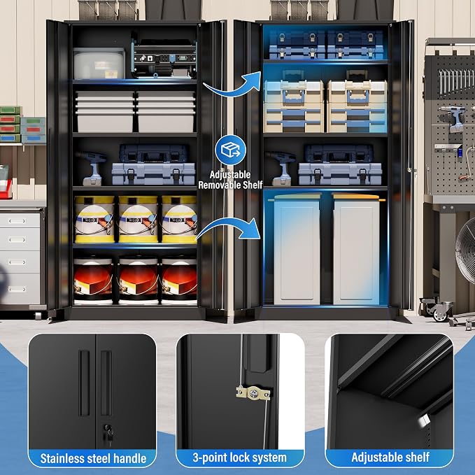 Greenvelly Metal Storage Cabinet, 72" Black Locking Storage Cabinets with Doors and 4 Shelves, Tall Tool Storage Cabinet for Garage, Steel Lockable File Cabinet Metal Locker for Home Office, Classroom