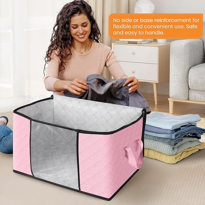 4 Pack Storage Bags for Clothes Blanket Storage Bins with Lids | Foldable Closet Organizers with Zippers,Window and Handles,Fabric Storage Bins for Sweater,Comforter,Bedding,Dorm essentials