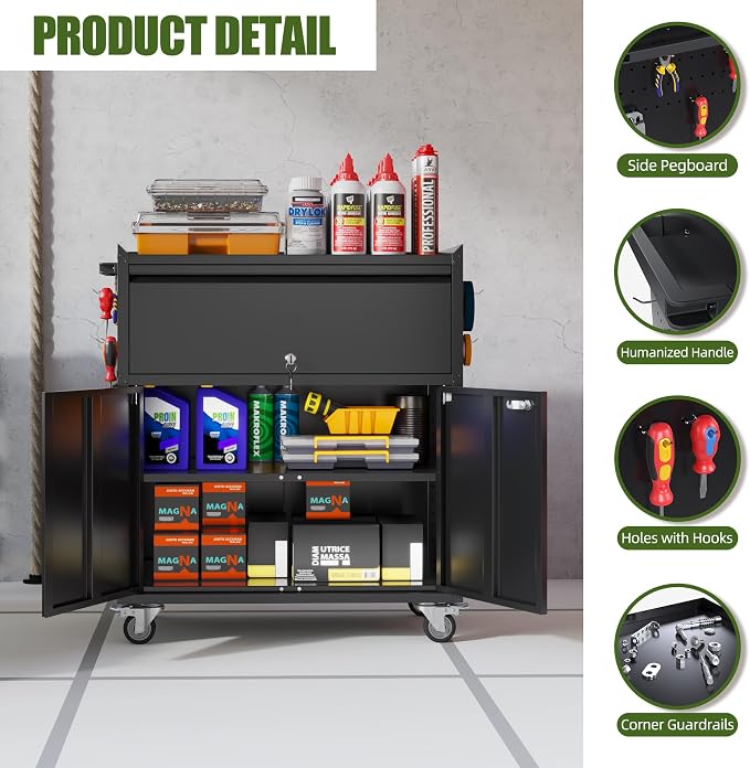 Reemoon 35" H Metal Garage Storage Cabinet on Wheels,1Drawer Tool Storage Cabinet with Pegboard and 4 Hooks for Garage, Home, Office,Assembly Required,Black