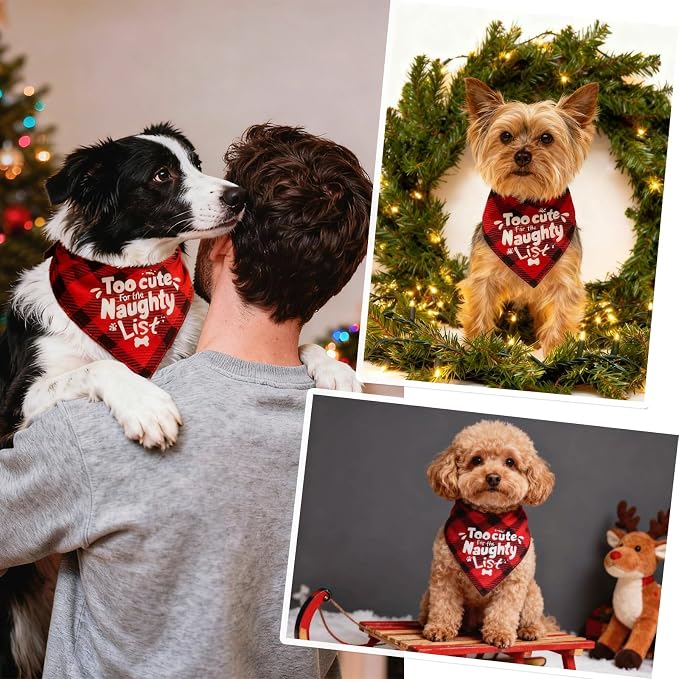 Christmas Dog Bandanas Naughty & Nice Idea Funny Holiday Stocking Pet Scarf Gifts - Too Cute for the Naughty List, Red Plaid, Medium & Large Breed, 25-75lbs