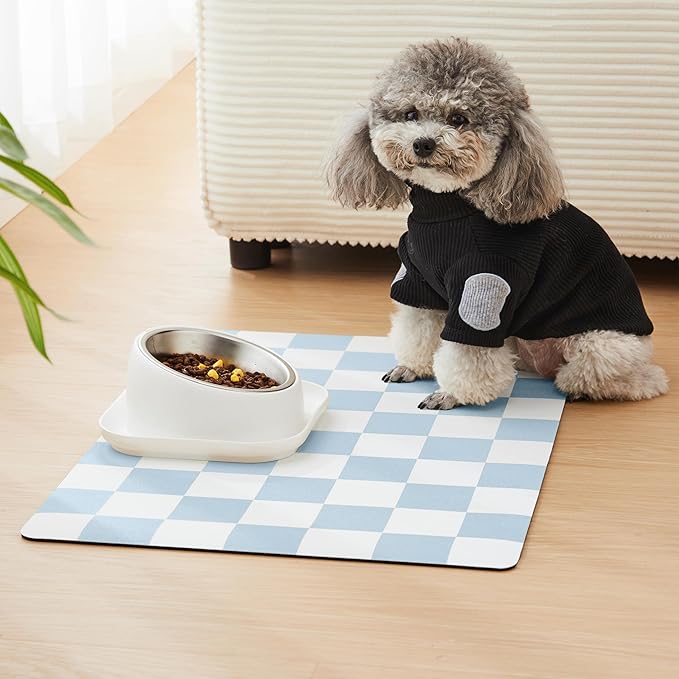 Ralxion Checkered Dog Feeding Mat, Absorbent Mats for Dog Food and Water Bowl, Dispenser, Retro Aesthetic Light Blue Checkerboard Pet Placemat for Dogs, Cats, Puppy Accessories, 16" X 24”
