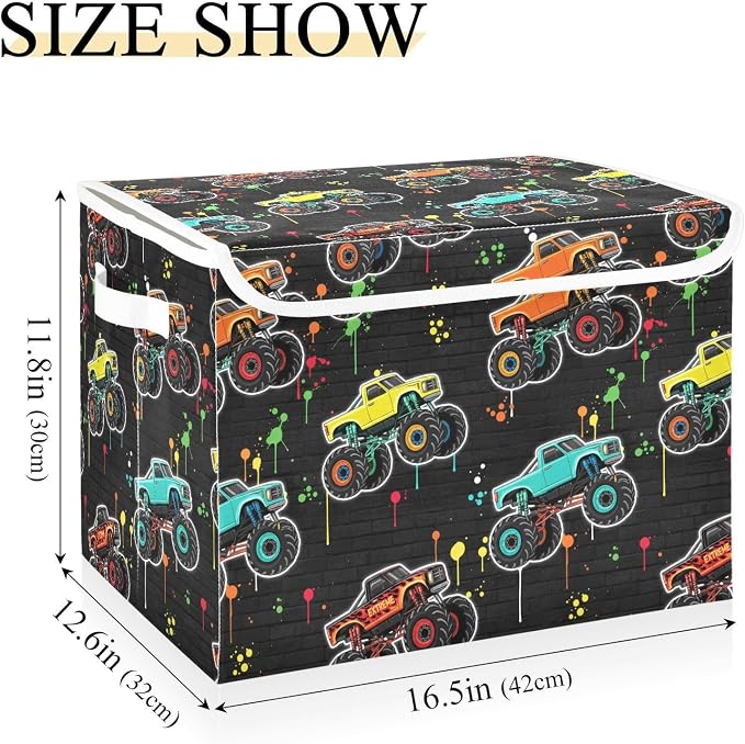Storage Bins with Lid Monster Truck Foldable Storage Boxes 40L Baskets | Decorative Storage Boxes, Dust-Proof Flip Top, Reinforced Handles, For Home & Bedroom, Clothes & Toy Box, Oxford Fabric Print