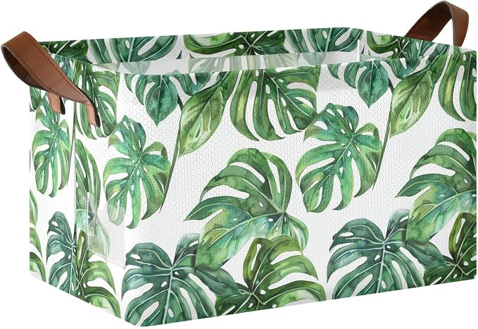 Green Tropical Leaves Spring Summer Leaf Storage Bins for Shelves with Labels&Handles Fabric Organizer Bin Foldable Rectangle Storage Basket Boxes for Closet, Bathroom, Home, Living Room