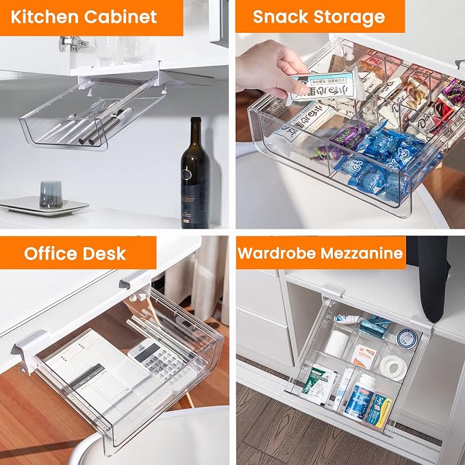 Compact-depth Under Shelf Basket Organizer, Under Shelf Storage Drawer Pull Out, Under Cabinet Basket Hanging Holder for Cupboard Cabinet Pantry Kitchen, Add-on Space Saver