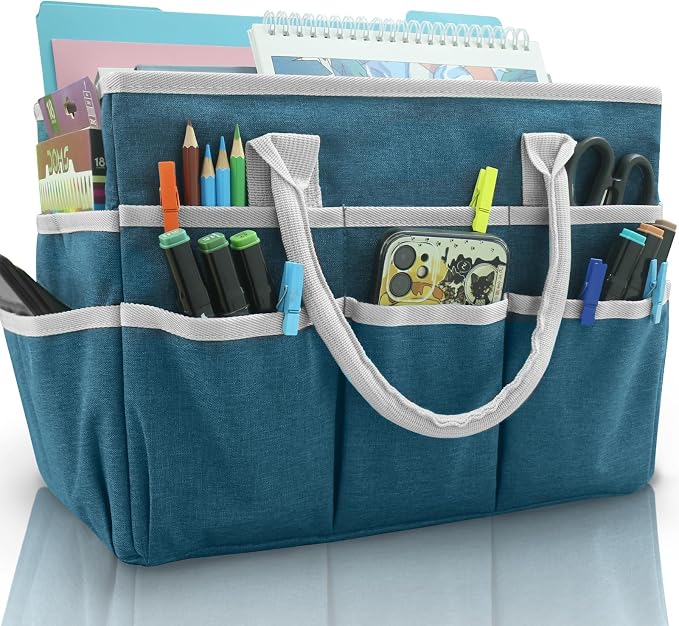Cupohus Craft Organizer Tote Bag, Dark Green Sewing Bag for Art | Supply Storage Bags with Pockets and Handles, Oxford Fabric Carrying Caddy for Teacher, Officer, Artist, Traveler, and More