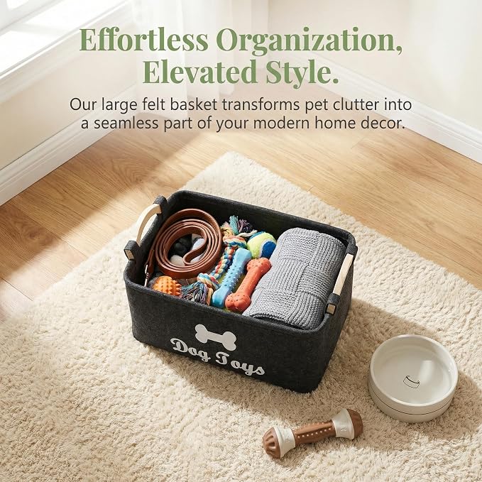 Totority Pet Toy Basket Felt Storage Bin with Handles 15.35 X 10.62 X 7.08 in Organizer Container for Dog Toys Accessories Kids Toys Home Bedroom Living Room