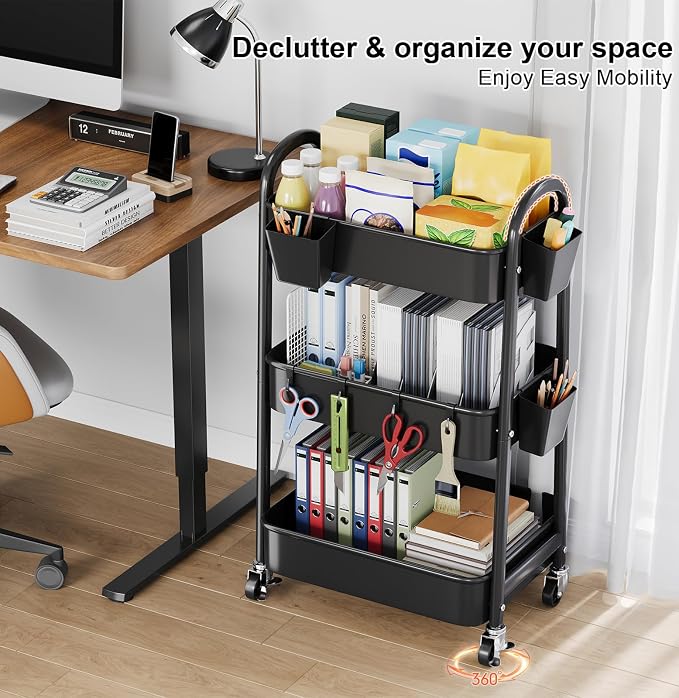 3 Tier Metal Rolling Cart Organizer, Black Utility Storage Cart with Wheels | Three Tiered Utility Roller Shelf for Craft, Art Supply, Snack, Laundry, Bathroom, Baby Essentials, Diaper Caddy, Nursery