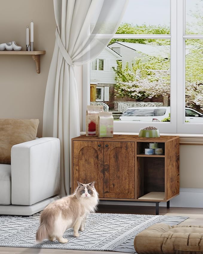 Hzuaneri Cat Litter Box Enclosure, Hidden Litter Box Furniture with Storage | Large Wooden Cabinet with Sisal Mat, Modern Cat Washroom for Living Room, Bedroom, Entryway, Rustic Brown and Black CB01501B