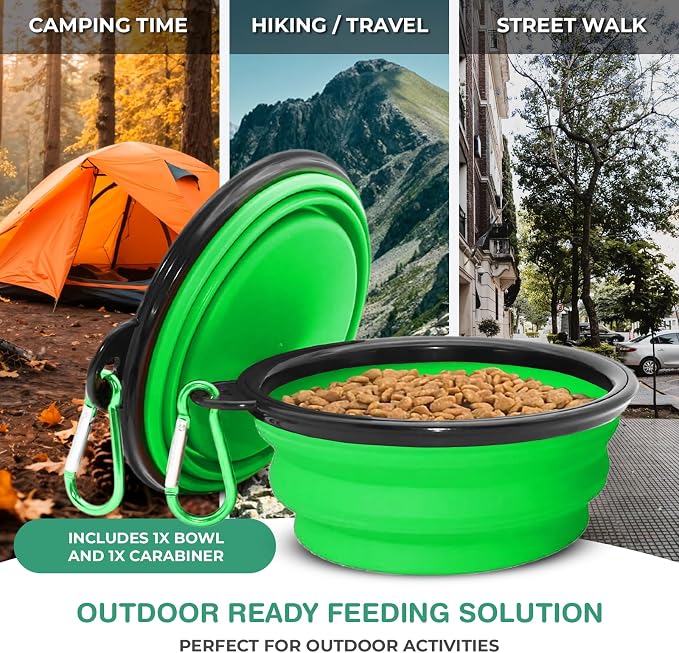 Collapsible Dog Bowls for Travel, Green | Portable Dog Water & Food Bowl for Dogs and Cats, Foldable Pet Feeding Dish, Walking Hiking Camping, Carabiner, BPA Free