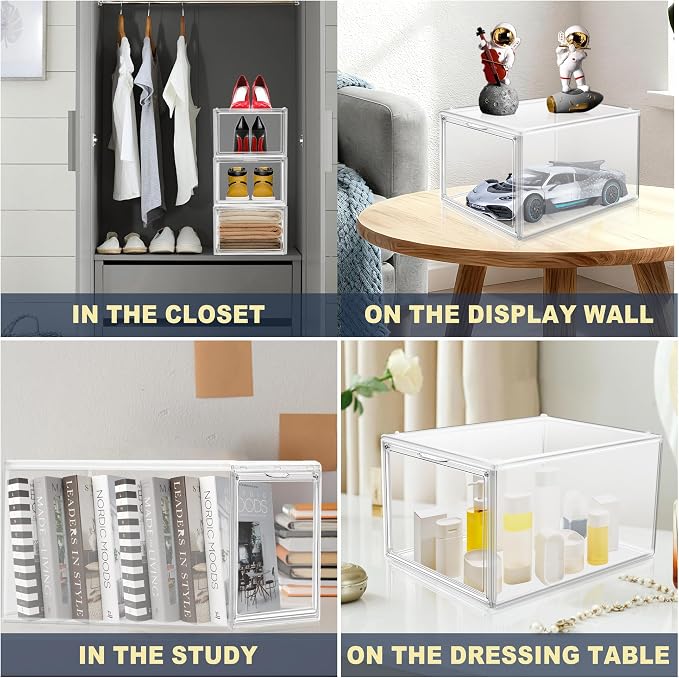 1 Pack Clear Shoe Boxes with Acrylic Drop Front Magnetic Door, Size 12 | Stackable Shoe Organizer for Sneaker Collection, Space-Saving Plastic Shoe Storage Box for Closet, Entryway, Bedroom