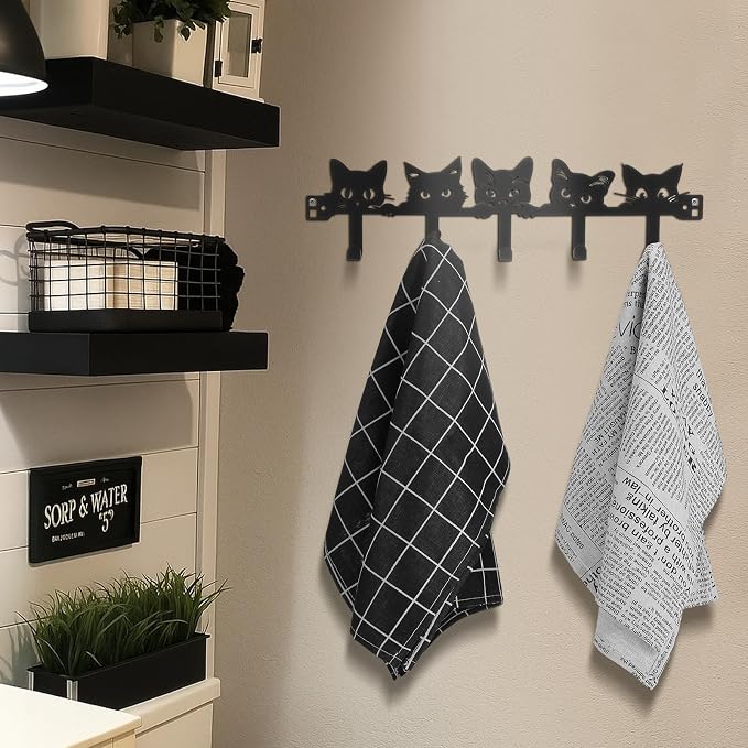 AceOrbit Black Cat Over The Door Hooks Hanger 5 Hooks Kawaii Decor | for Bedroom Bathroom, Organizes Towels Hats Clothes, Farmhouse Decor, Over the Door for Kids