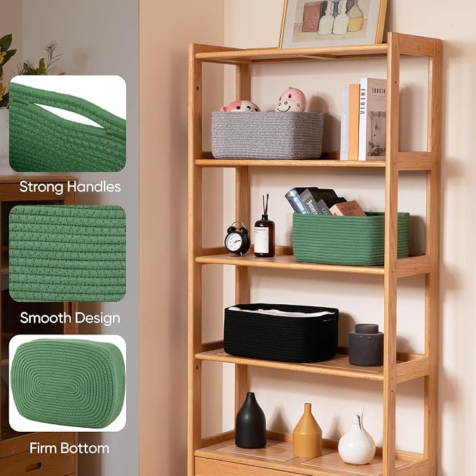 OIAHOMY 4 Pack 14.17 * 11.02 * 6.3IN Storage Baskets for Organizing Shelves, Woven Rope Baskets for Organizing Books, Clothes, Decorative Basket for Living Room, Nursery, Bedroom, Gift Basket, Green