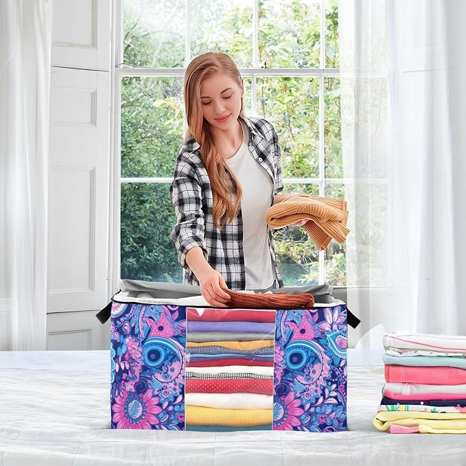 Generic Boho Paisley Flower Clothes Storage Bag Bins 2 Pack Foldable Storage Containers Large Closet Organizer with Zipper Storage Cubes for Pillows Clothing Comforters 60L, g355896746p976c1037s2357