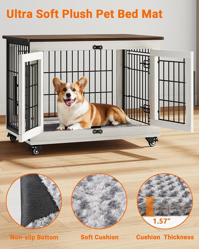 YaFiti Dog Crate Furniture, 32.5” Wooden Indoor Dog Kennel, 2 Pack, White | Cushion, Wheels, Double Doors, Furniture Style, Side End Table, Decorative Pet Cage House, Up to 45 lb, for Small/Medium Dogs