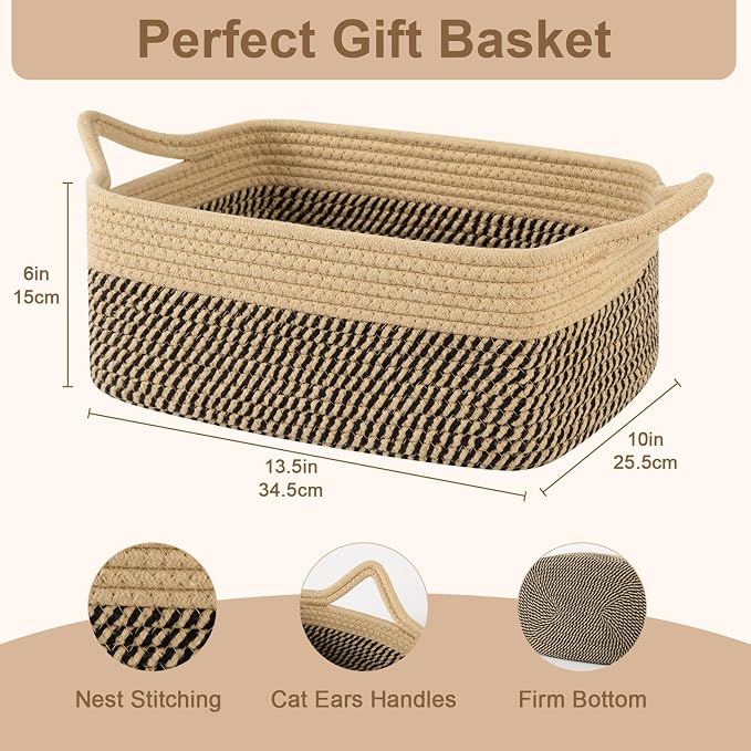 OIAHOMY Woven Basket, Gift Basket Empty with Gift Bags and Ribbons, Rope Baskets for Baby Showers, Storage Baskets with Handles for Nursery, Pet Toy Organizer -Black & Yellow