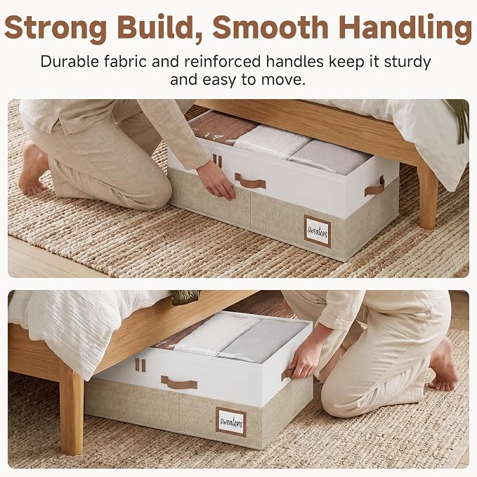 StorageWorks 10 Inch Tall Under Bed Storage Containers with Clear Lid | Reinforced Structure, Resists Sagging, Handles & Label Holder, Foldable Stackable Closet Storage for Clothes, Blankets, Toys