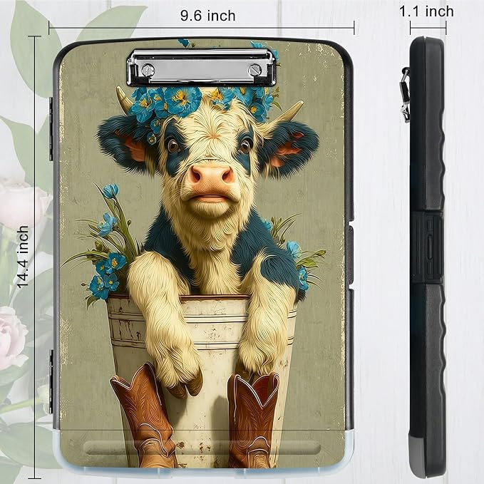 A4 Clipboard with Storage Pen Holder, Clipboards Organizer Nursing Clipboard Foldable File Folder Plastic Clipboard Folio Clip Board for Office Work Classroom Doctor, Cow Blue Flower