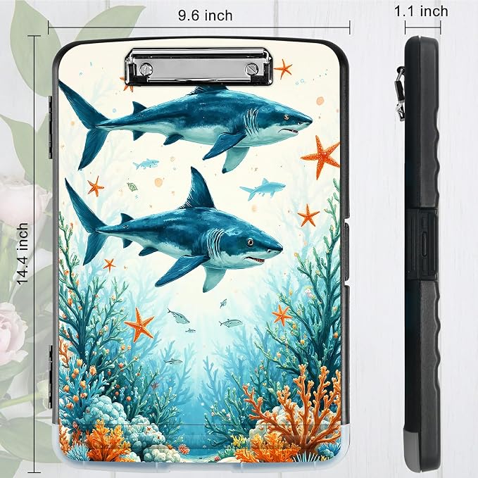 A4 Clipboard with Storage Pen Holder, Clipboards Organizer Nursing Clipboard Foldable File Folder Plastic Clipboard Folio Clip Board for Office Work Classroom Doctor, Tuna Under the Sea