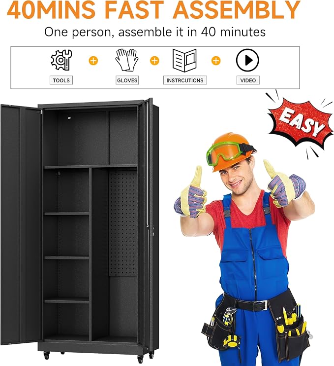 Metal Garage Storage Cabinet with 2 Doors, Adjustable Rolling Tool Storage Cabinet with Lock, 71" Steel Locking Broom Closet with Wheels and Shelves for Garage, Warehouse(Black, 71" H)