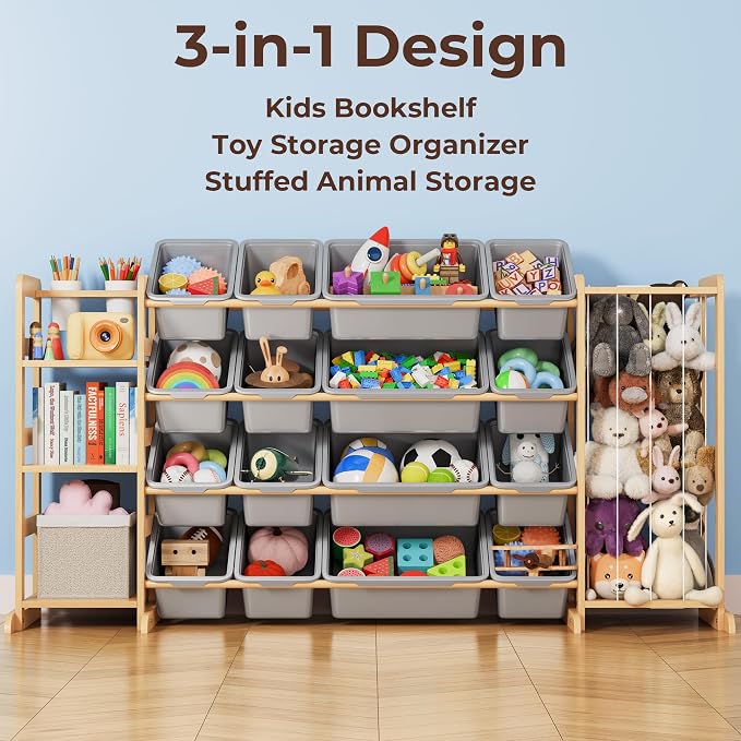 Toy Storage Organizer with Bookshelf and Stuffed Animal Storage - Kids Playroom Organization with Shelves and 16 Toy Bins - Toddler Living Room Toy Box for Lego - Nursery Bedroom Decor Essential