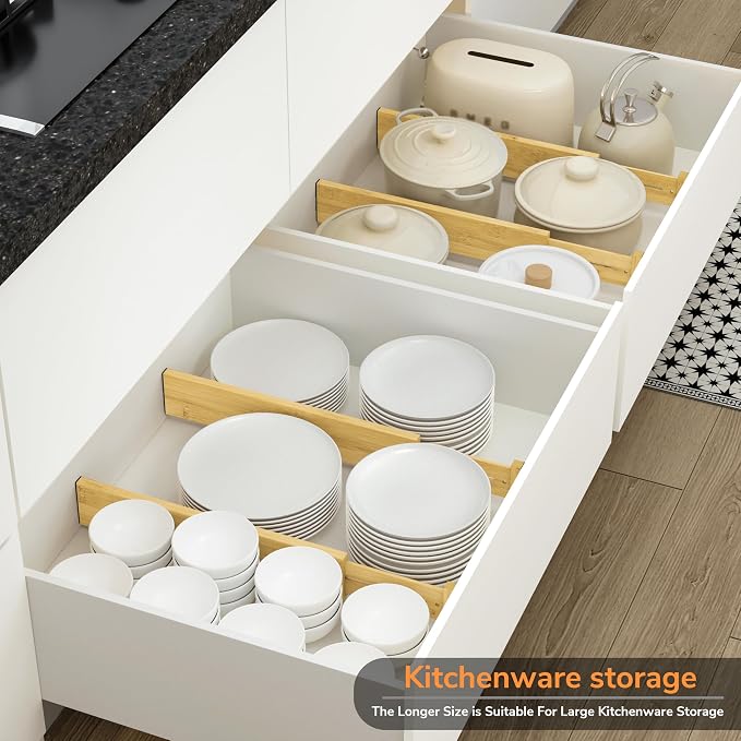 BAMEOS Bamboo Expandable Drawer Dividers – Fits 16.65"–22" Drawers, 3" Deep Walls, Set of 4 | Taller Spring-Loaded Separator Keeps Items Upright in Kitchen & Dresser Drawers