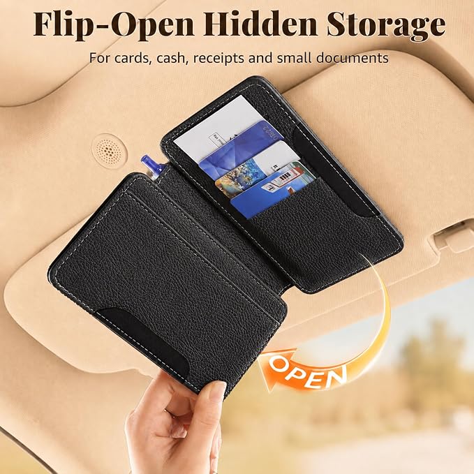 HOLDCY Car Visor Organizer with Registration Holder and Sunglasses Clip | Black PU Faux Leather With Photo Window, Flip-Open Card Storage, Slim Profile And Tool-Free Setup; 1 Piece