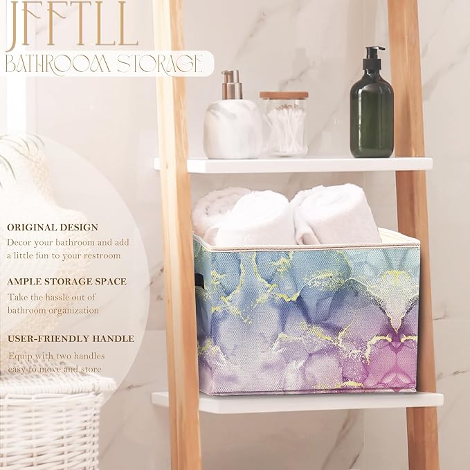 Blue Purple Marble Storage Bins with Handles, Abstract Modern Glitter Marble Texture Collapsible Laundry Basket Storage Box for Home Bedroom Bathroom Clothes Toys Books