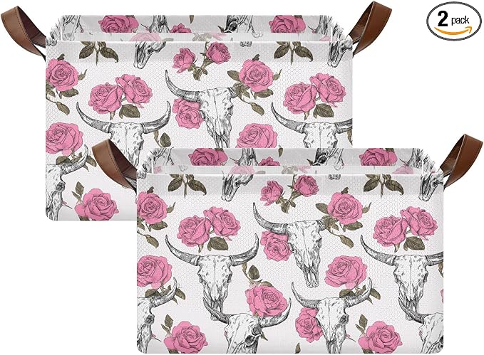 Cow Skulls and Pink Rose Flower Storage Basket Foldable Cube Storage Bins with Handles&Label Waterproof Organizer Box Bin Large Rectangle Decorative Baskets for Shelves Home Room Laundry, 2 Pack
