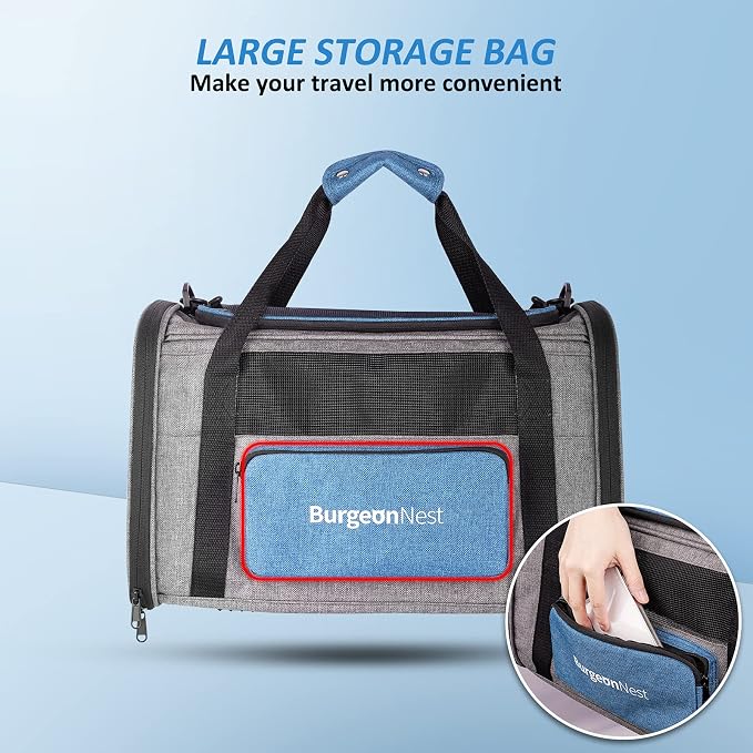 BurgeonNest Cat Carrier for Cats up to 20 Lbs, Soft-Sided Escape Proof | Top Load Pet Crate for Medium to Big Kitten Small Puppy Transport with Unique Side Bag, Home Outdoor Car Travel, Medium Blue