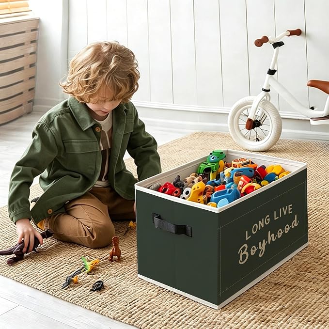 Boy Nursery Foldable Storage Bins Box with Handles, Long Live Boyhood Dark Green Minimalist Decorative Storage Boxes Baskets Toybox Organizer for Kids Boys Nursery Room Bedroom Playroom