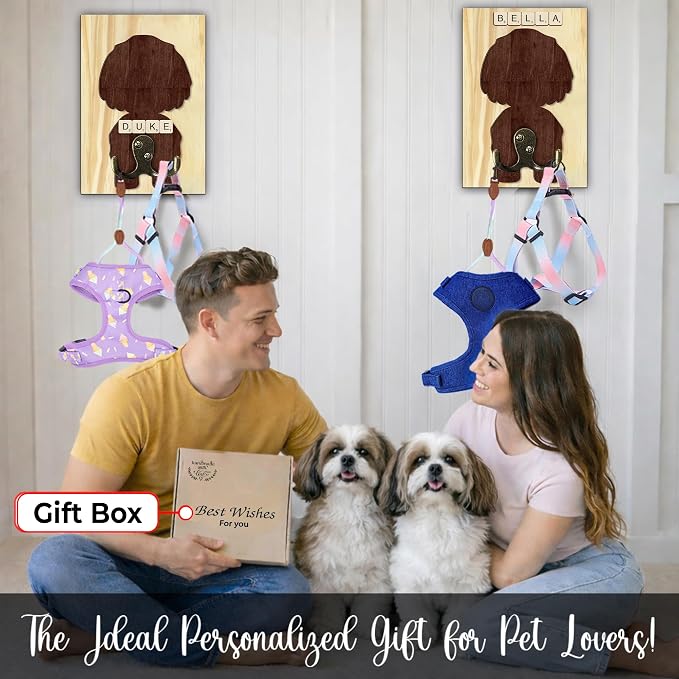 Shih Tzu Dog Leash Holder Wall Mount with Scrabble Letters, Wooden Dog Wall Hook Organizer, Pet Collar and Harness Holder Entryway, Key Hook & Leash Rack, Home Decor for Pet Lovers PF297-66
