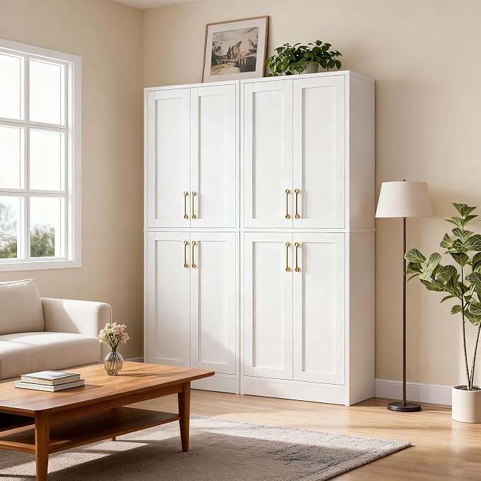 Pantry - Kitchen Pantry Cabinet with 4 Doors and Adjustable Shelves, Tall Black Cabinet Freestanding Storage Cupboard for Dining Room Living Room, Laundry, Bathroom (White)