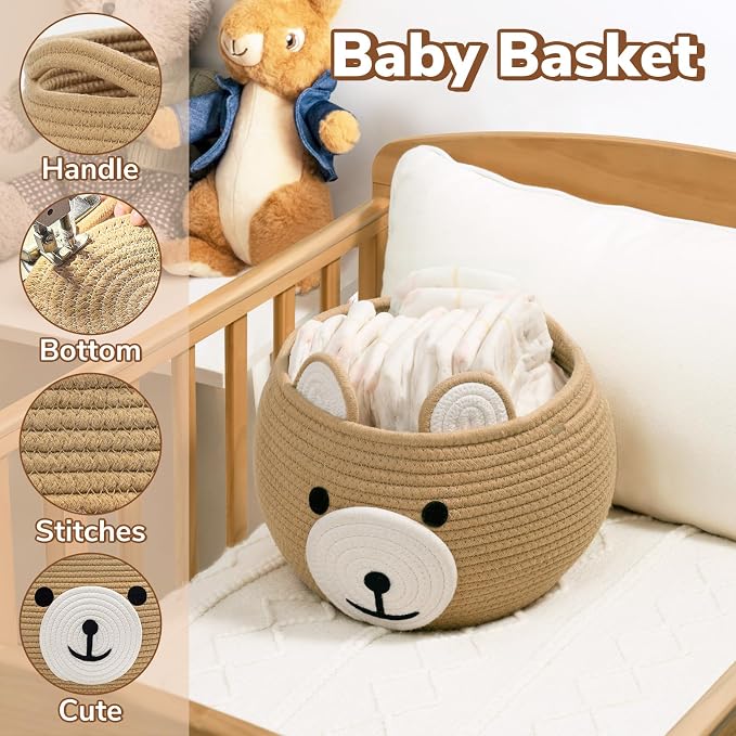 CherryNow Baby Basket for Gifts Empty, Cute Bear Design, Brown | 10.5" x 8.5" Baby Shower Basket for Kids Boys Newborn Storage, Toy Basket for Living Room Nursery Décor, Soft Cotton Rope