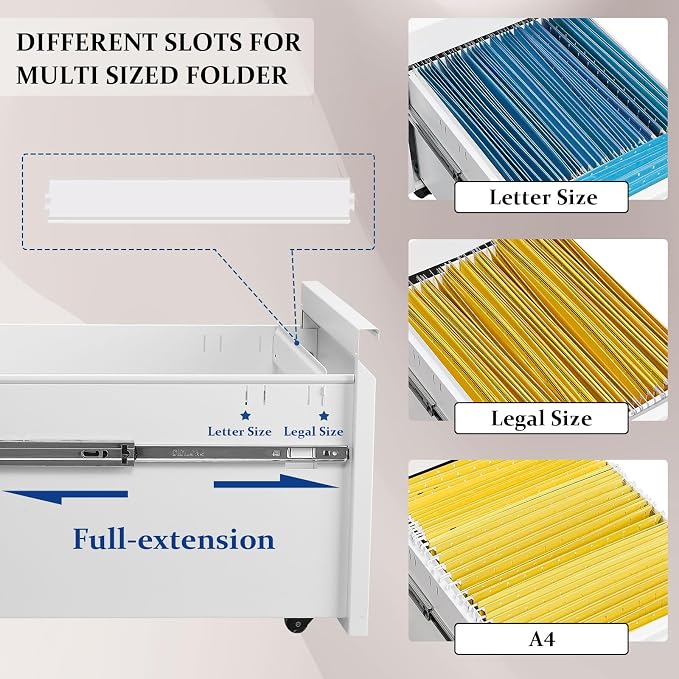 3-Drawer Mobile File Cabinets Rolling Metal Filing Cabinet for Legal & Letter File Anti-tilt Design with Lock Under Desk Office Drawers Fully Assembled Except Casters Elegant White