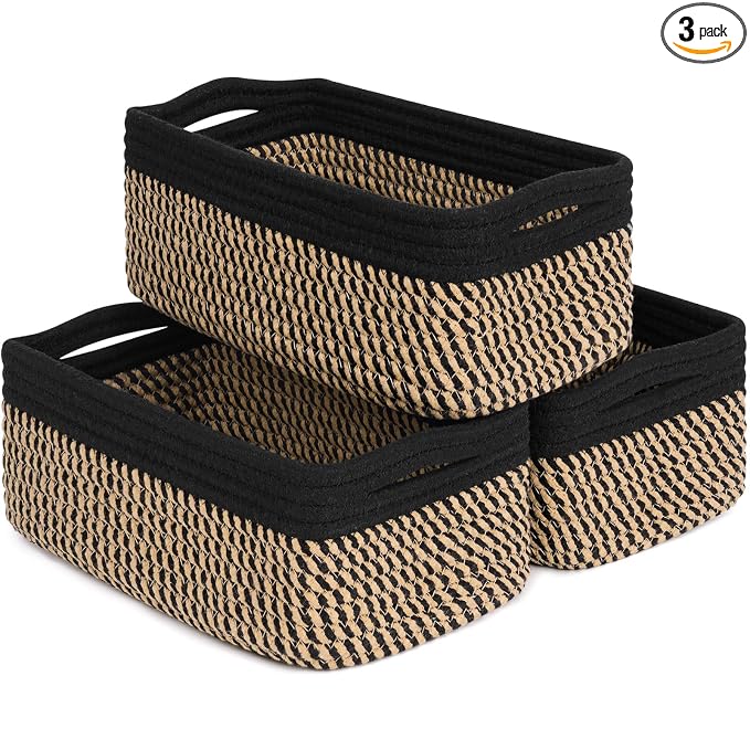 Goodpick 3Pack Wicker Storage Baskets for Closet, 11 x 7 x 4.5 | Woven Baskets for Shelves Fit Bedroom Lving Room, Small Baskets for Gift Empty, Dog Toy Basket for Pets, Black & Jute