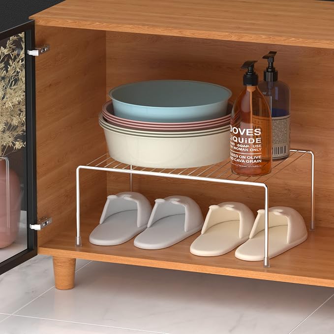Set of 6 Large (15.7 x 9.4 Inch) Kitchen Cabinet Organizer Shelf, Wire Freezer Storage Shelves Rack, Rustproof Steel Metal Shelf Riser for Dish Plates Pantry Cupboard Organization, Chrome