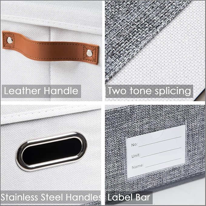Foldable Storage Bins with Lids [3-Pack] Fabric Collapsible Storage Boxes Baskets Cubes Containers with Handles for Closet Living Room Bedroom (Grey & White 17.7x11.8x11.8'')