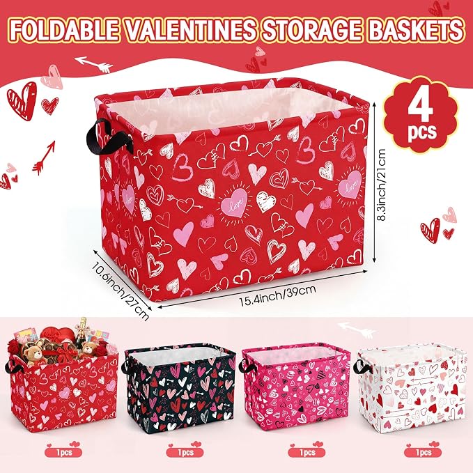 FoldTier 4 Pcs Valentine's Day Storage Baskets Empty Collapsible Valentines Basket with Handles Red Pink Black Heart Storage Boxes for Gifts Home Room Nursery Books Cloth Holiday Containers (Heart)