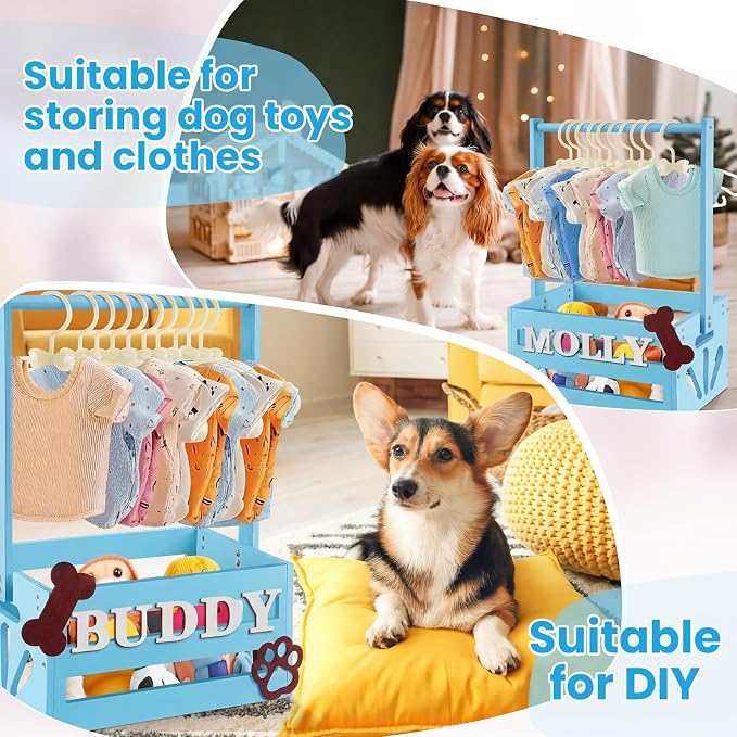 Teenyyou 20" x 13" x 9" Wooden Dog Closet Pet Wardrobe Crate Box with Hanging Rods and Personalized Alphabet Letters Easy Assembly Baskets for Dog Cat Toys Clothes Accessories(Blue)