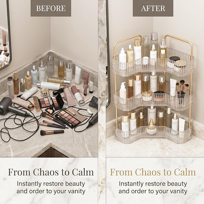 3-Tier Corner Bathroom Organizer, Skincare Vanity Counter Shelf Clear | Premium PET Perfume Display Stand with Gold Metal Rods, Space-Saving 90 Degree Storage Rack for Dresser