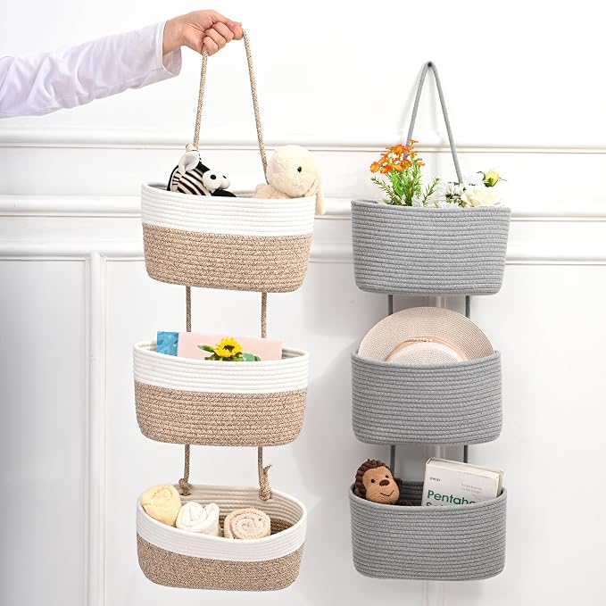 ICERZCZ Hanging Baskets for Organizing, Over the Door Decorative Storage Organizer, Nursery Decor Organization, 3-Tier Wall Basket for Entryway Playroom Bathroom Closet, Mixed Brown & Off White