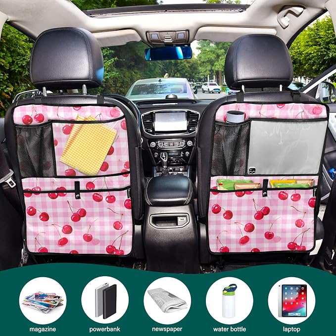 2 Pack Back Seat Car Organizer with Storage Pockets Kick Mats Back Seat Protector Hanging Car Organizer Automotive Seat Back Cover Organizers Pink Juicy Checkered Cherry