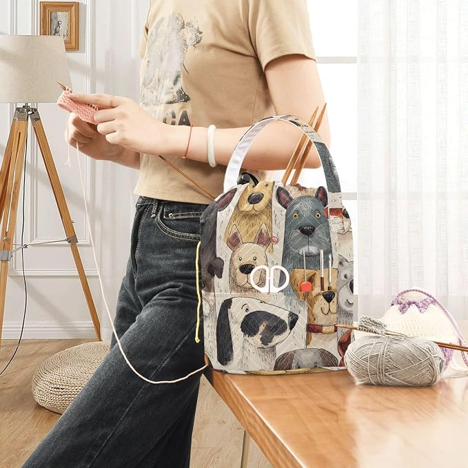 Tatenale Crochet Bag Yarn Bag Knitting Project Bag with Pockets and Handle Portable Yarn Storage Organizer Tangle Free 8.3x11 InchWhimsical Pet Dogs01