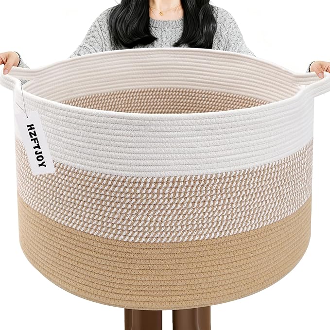 115L Large Blanket Basket,Rope Woven Laundry Basket-Yellow | Collapsible, reinforced handles, nursery storage bin organizes clothes, toys and pillows for living room, bedroom bathroom