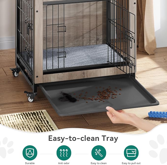 YITAHOME 27" Dog Crate Furniture with Wheels, Cushion & Tray | Dog Kennel Indoor End Table with Double Doors for Small Dog, Gray