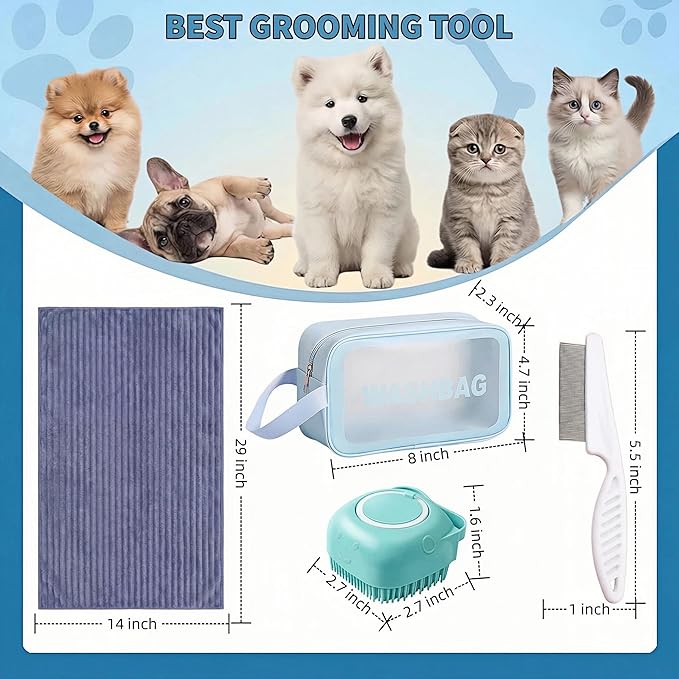 4PCS Dog Bath Kit & Dog Brush Kit - Professional Pet Grooming Tools Set for Dogs & Cats, Includes Shedding Brush, Bath Scrubber & Dematting Combs - Complete Dog Washing Essentials Blue