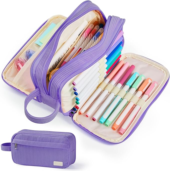 Sooez High Capacity Pencil Case, Soft Corduroy Pencil Pouch | Large Pencil Bag with 4 Compartments, Sturdy Zipper, Cute Pencil Case Pouch Organizer for Student Teen Girls, Purple