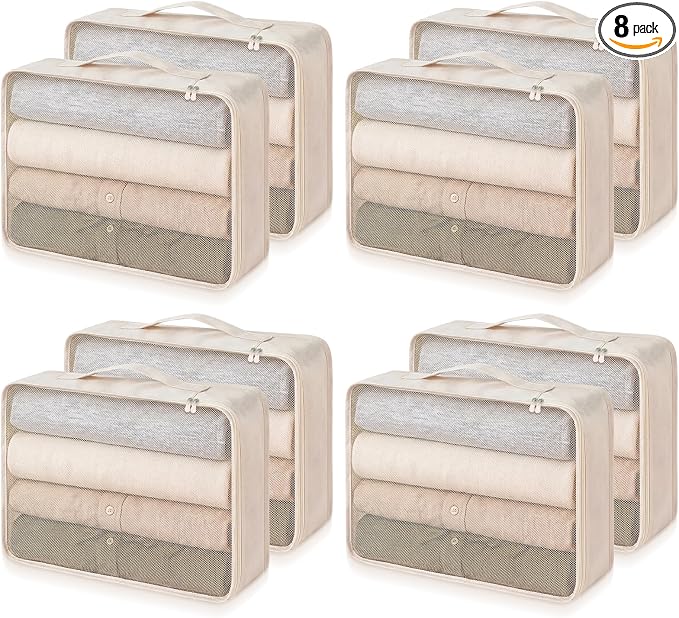 Silkfly 8 Pcs XL Packing Cube for Travel Luggage,Simple,Beige | 17.7 x 13 x 4.7, Same Size, Beige Suitcase Storage Organizer Set, Reusable Mesh Clothes Cube for Hiking Camp Family Accessory