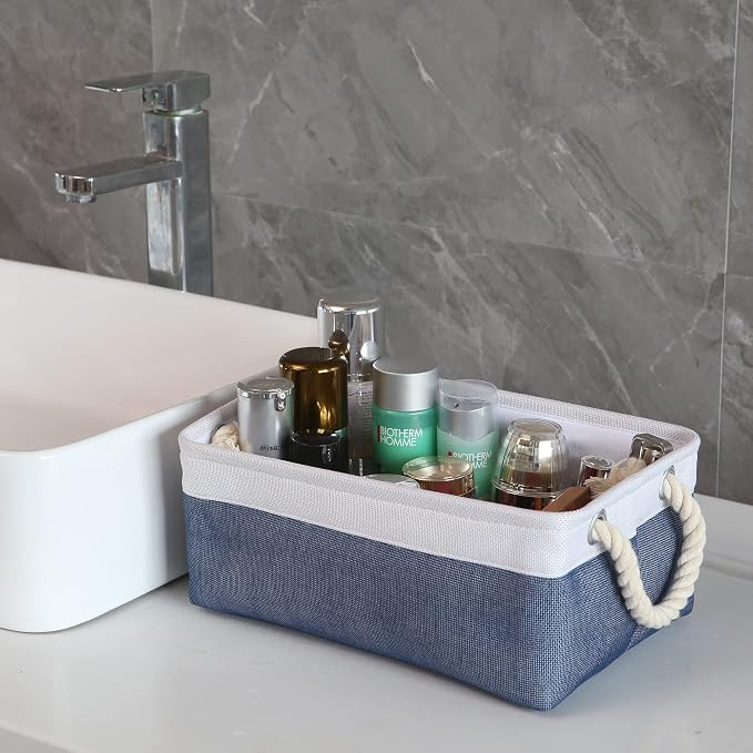 Sea Team Compact Rectangle Canvas Open-Top Storage Baskets, 3-Pack | Collapsible Fabric Storage Bins with Handles, Closet Shelf Organizers, 12 x 8 x 5 Inches, Denim & White